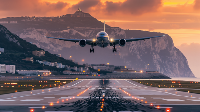 Airplane Landing at Sunset