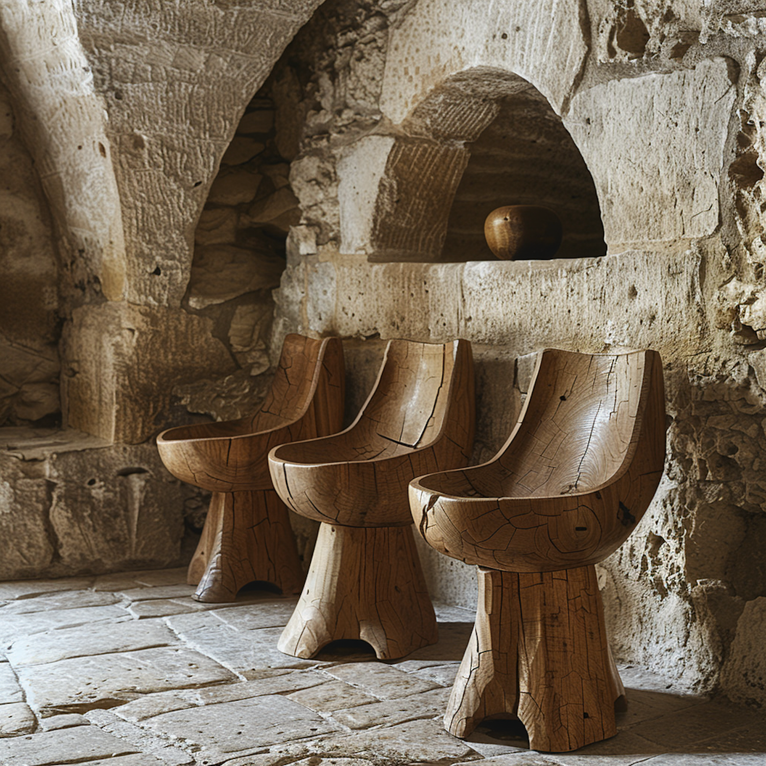 Rustic Stone Interior with Carved Wooden Chairs