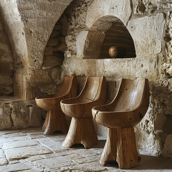 Rustic Stone Interior with Carved Wooden Chairs