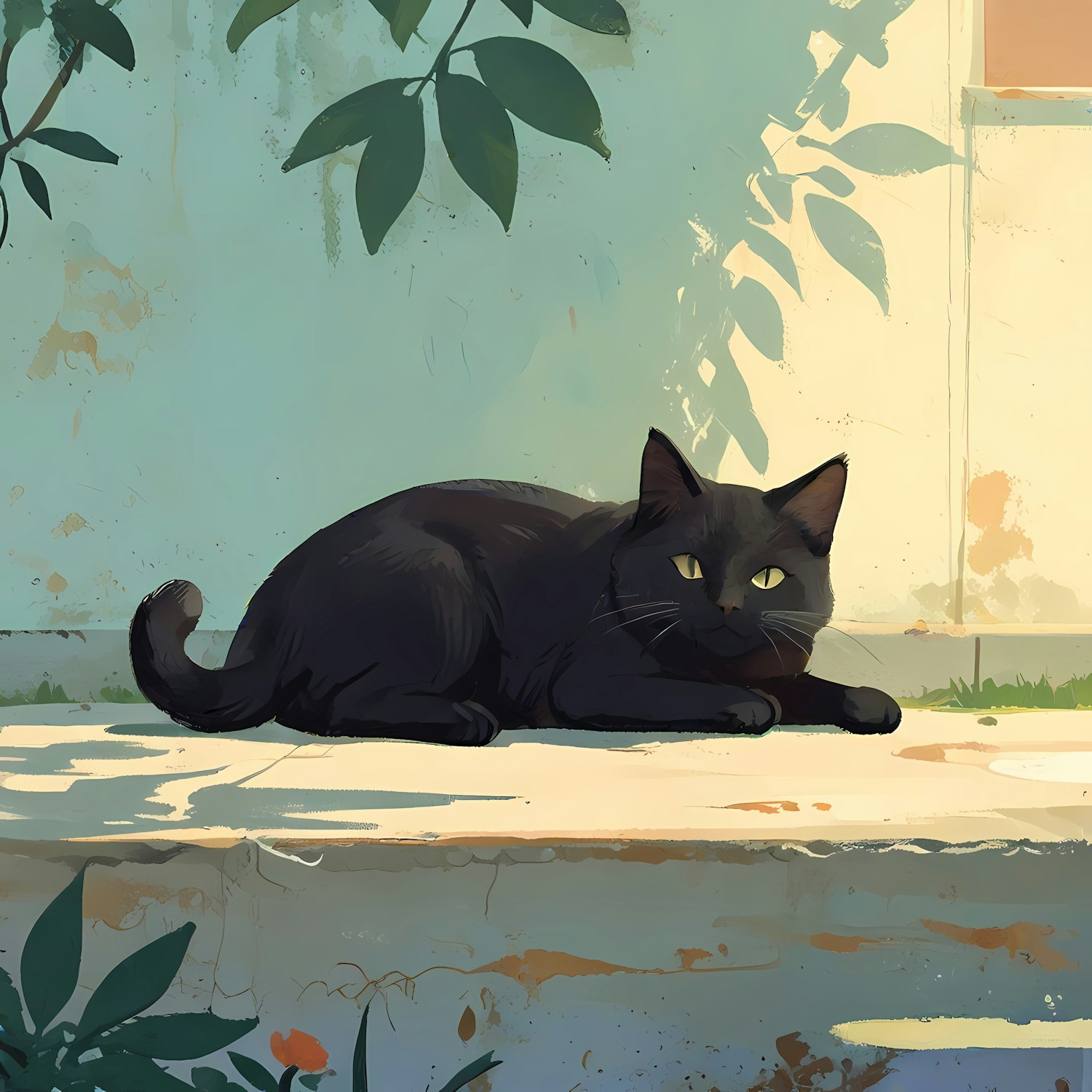 Black Cat on Sunlit Ledge