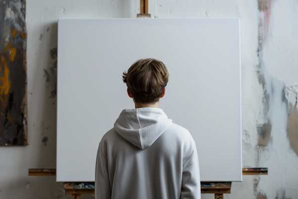 Artist in Studio Contemplating Blank Canvas