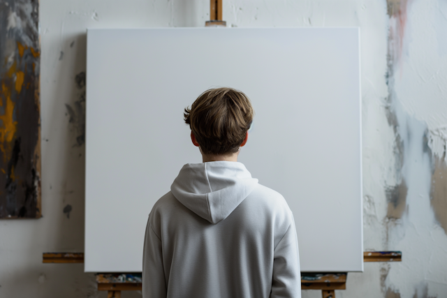 Artist in Studio Contemplating Blank Canvas