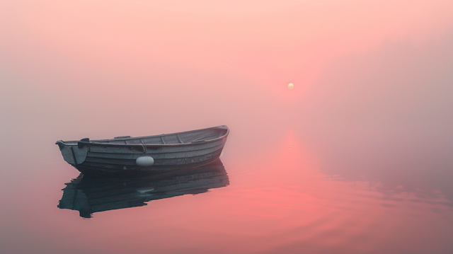 Serene Boat in Misty Pink Waters