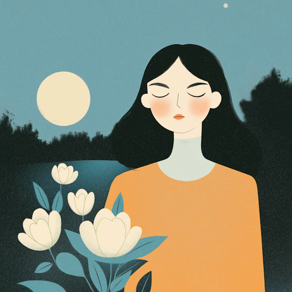 Serene Woman with Moon and Flowers