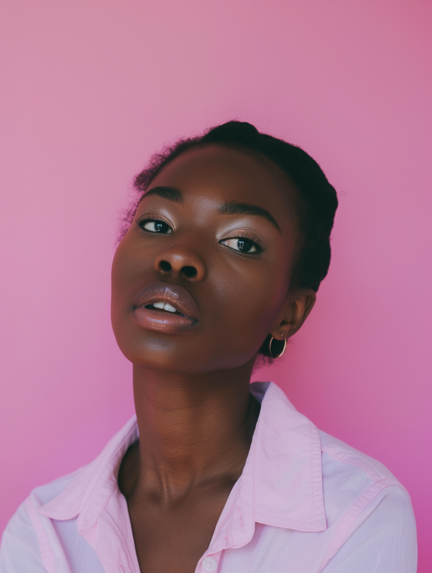 Serene Woman with Elegant Earrings Against Pink Backdrop