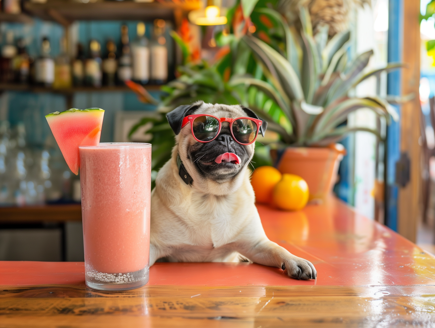 Pug Dog Enjoying Tropical Smoothie