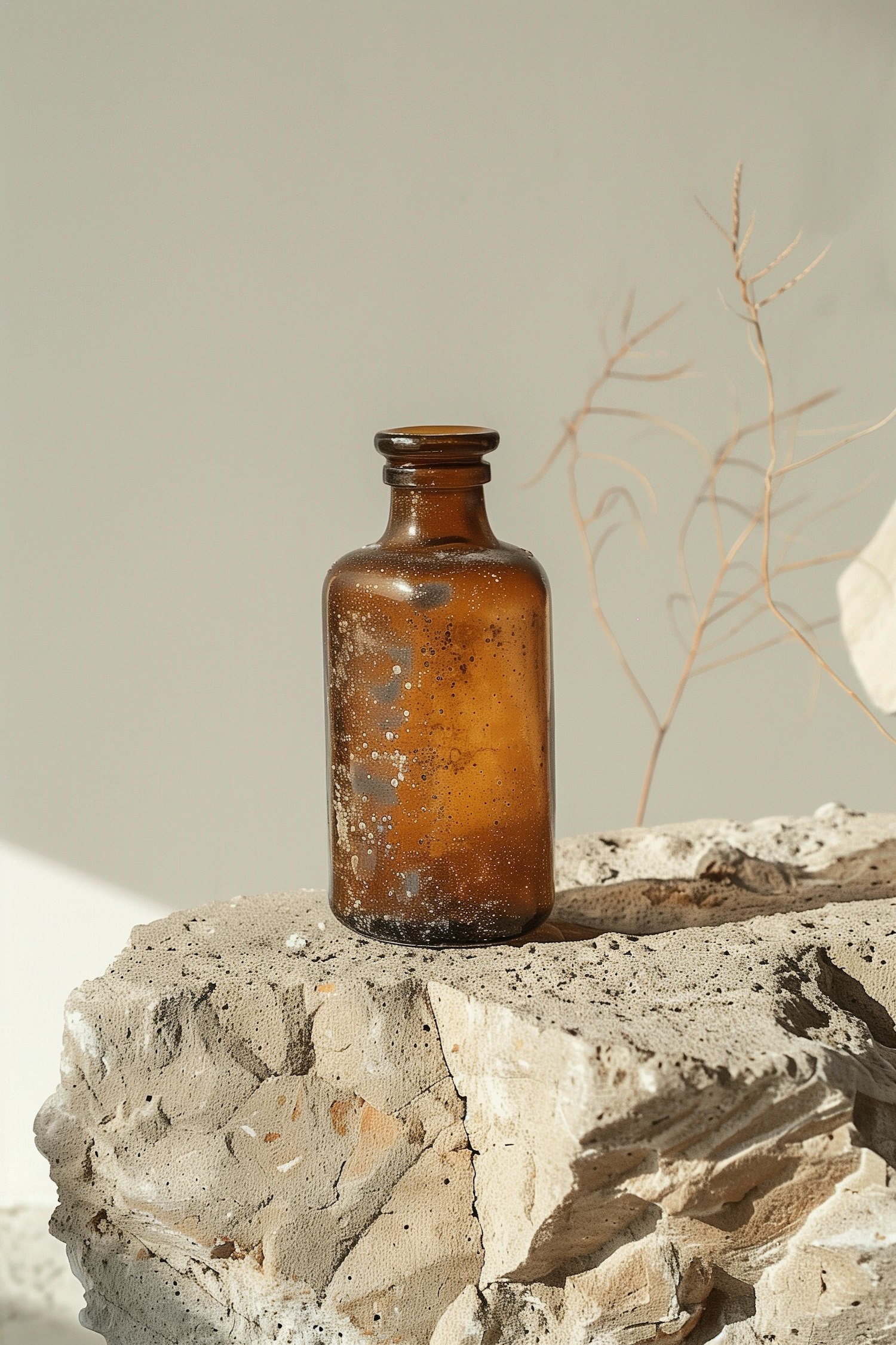 Vintage Amber Glass Bottle on Stone