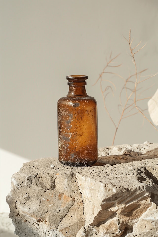 Vintage Amber Glass Bottle on Stone