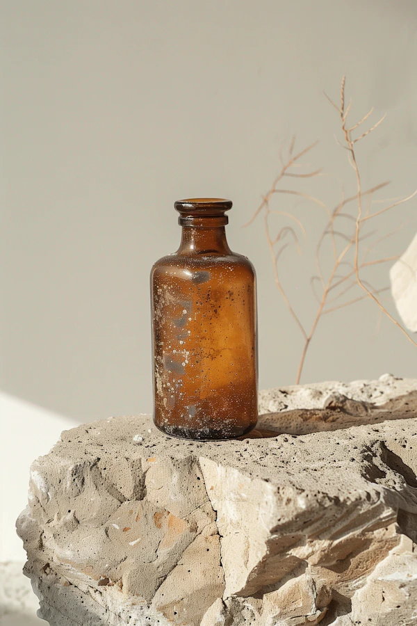 Vintage Amber Glass Bottle on Stone
