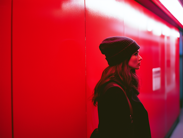 Woman in Profile Against Red Background