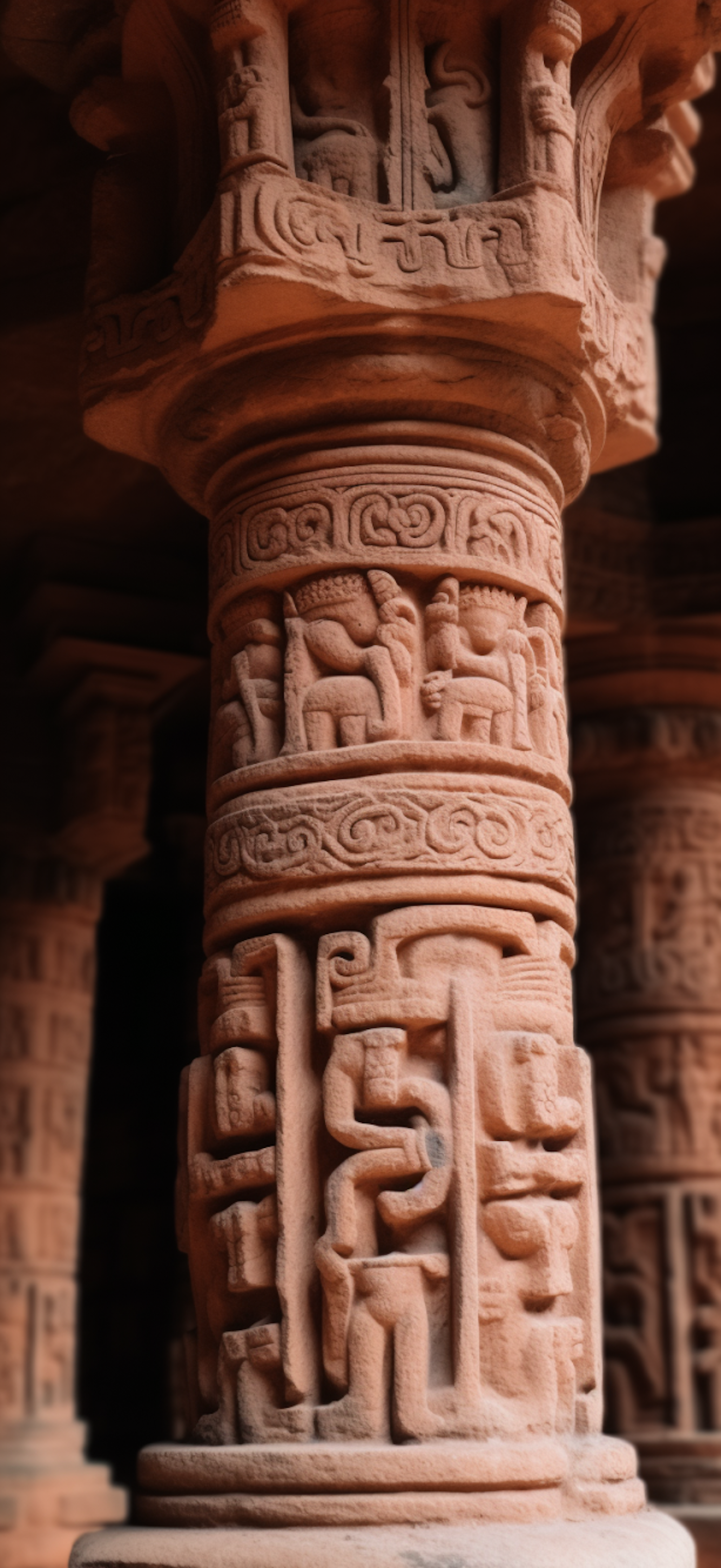 Historical Reddish Stone Column with Intricate Carvings