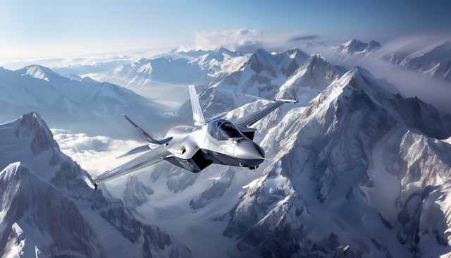 Futuristic Jet Over Snowy Mountains