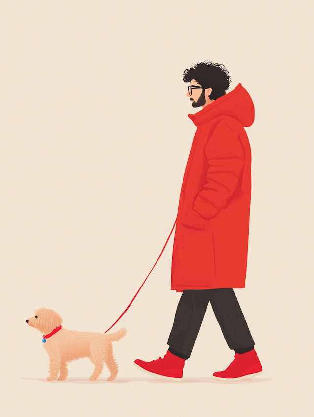 Stylized Illustration of Man Walking His Dog