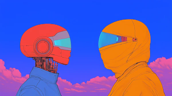 Futuristic Figures Under Pink Clouds