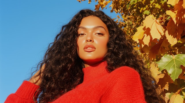 Woman in Red Sweater with Autumn Leaves