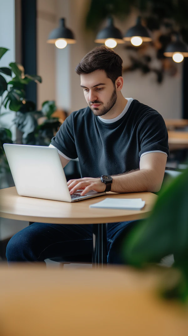 Man Working in Cafe