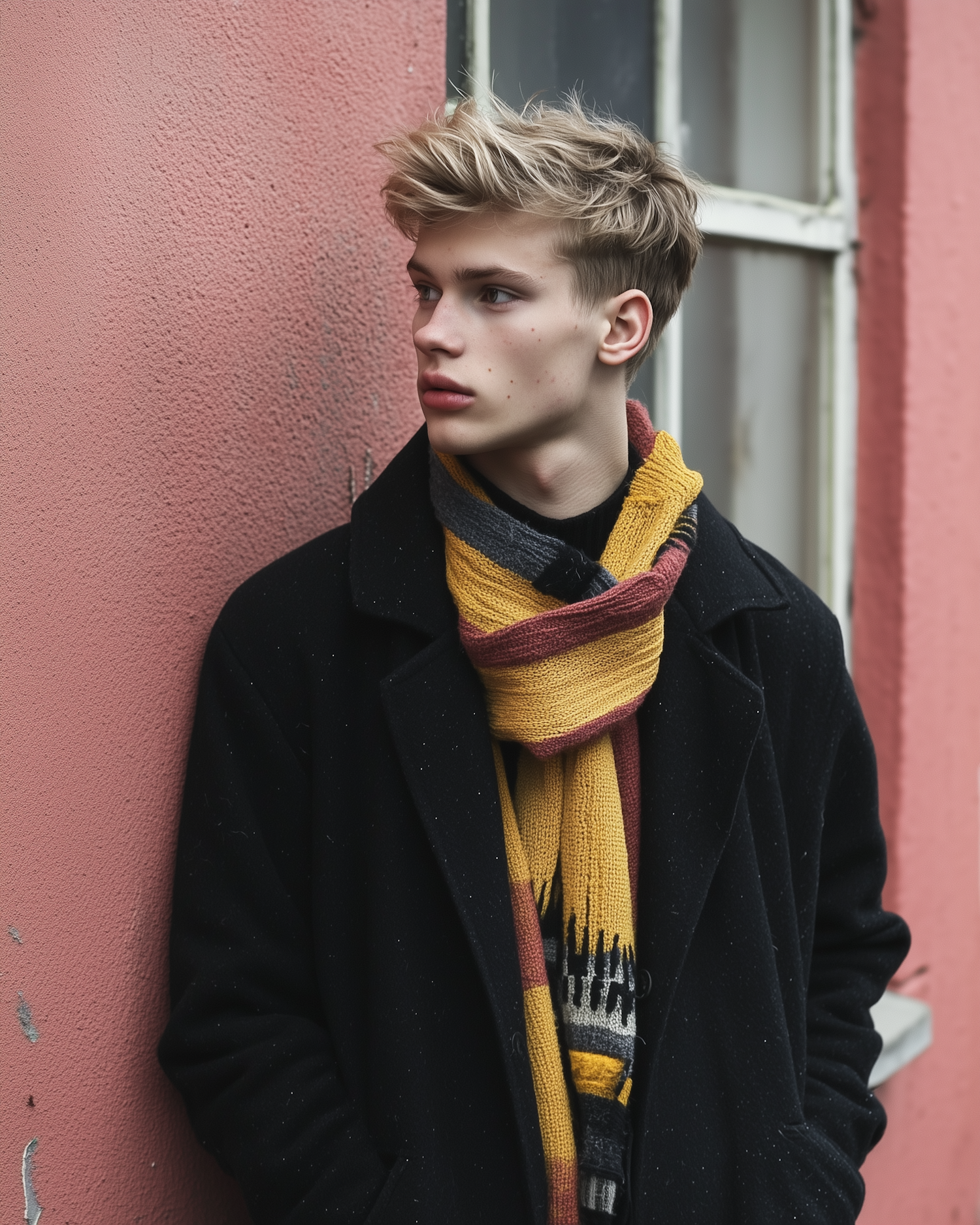 Contemplative Young Man Against Pink Wall