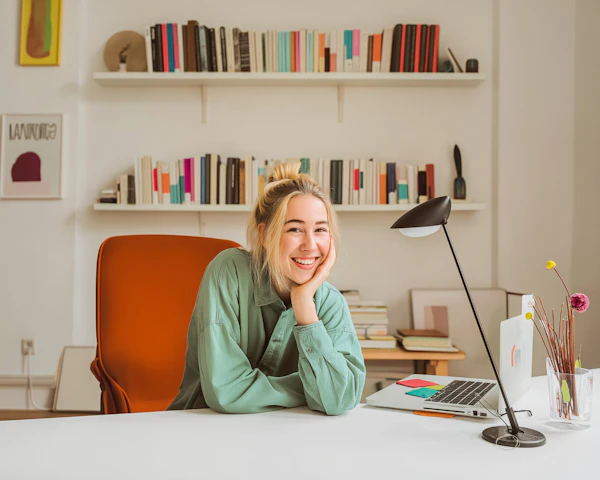 Cheerful Woman at Desk