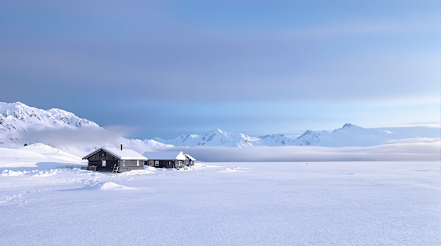 Serene Winter Landscape with Cabins