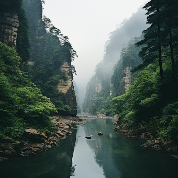 Misty Green Cliffs Reflection