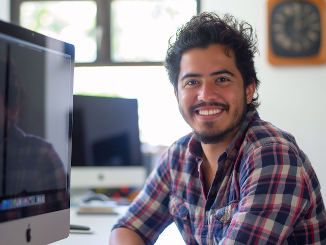 Cheerful Young Man at Computer