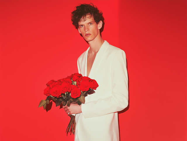 Person with Roses Against Red Background