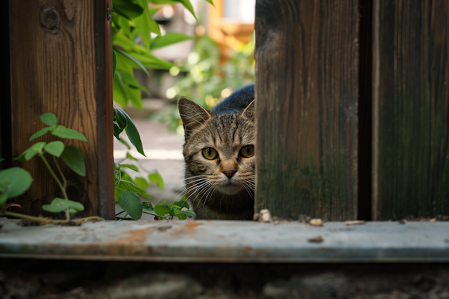 Curious Cat Peeking Through Wooden Fence