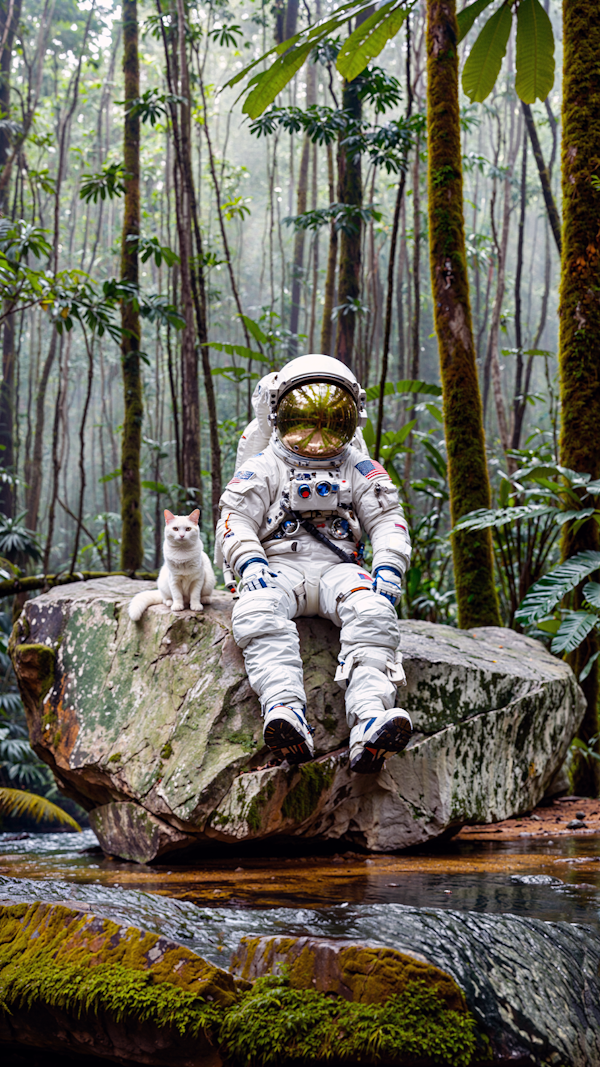 Astronaut and Cat in Rainforest