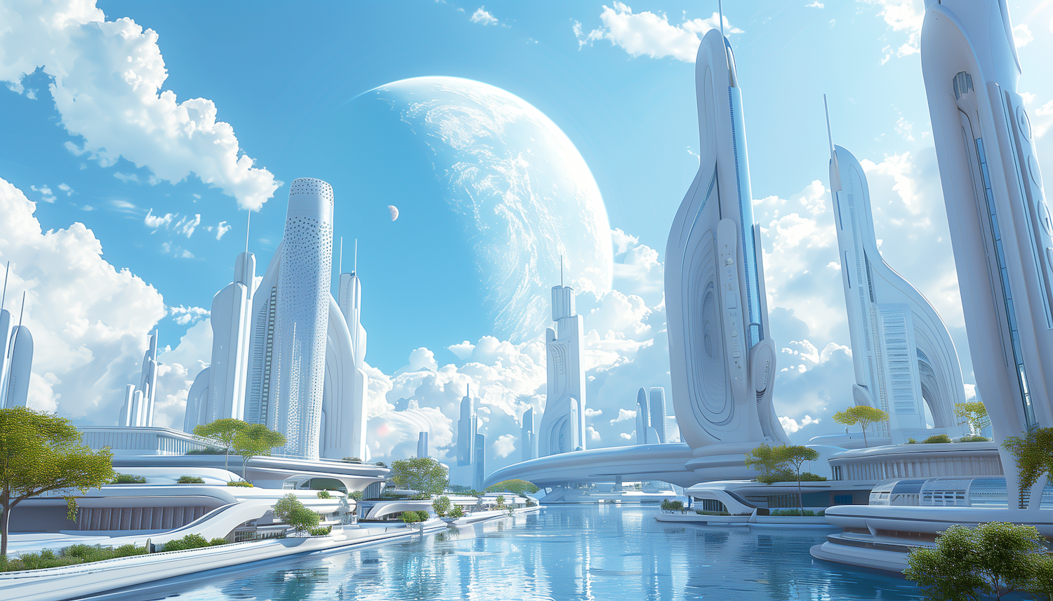 Futuristic Cityscape with Celestial Backdrop