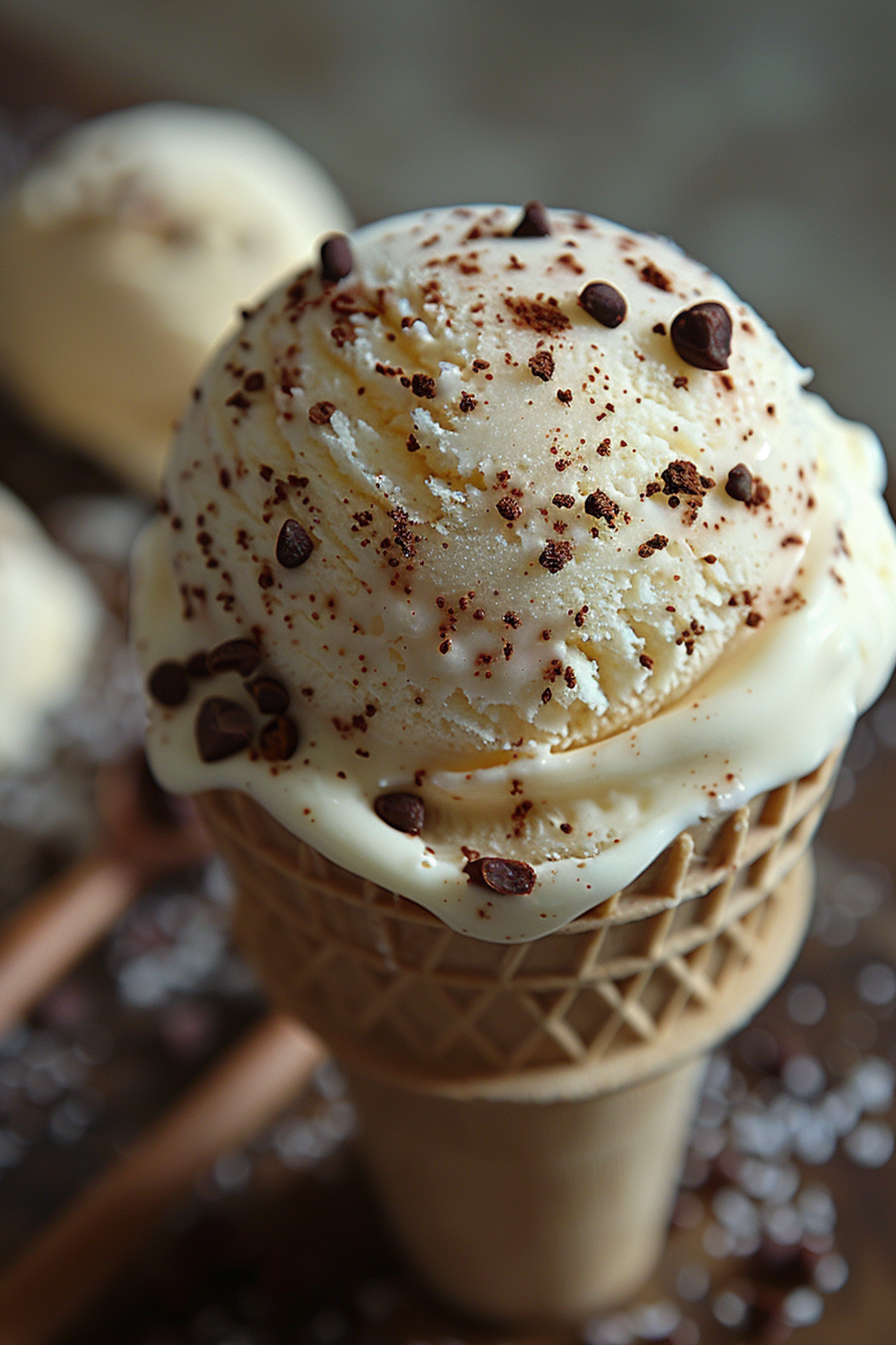 Close-up of Vanilla Ice Cream Cone with Chocolate Sprinkles