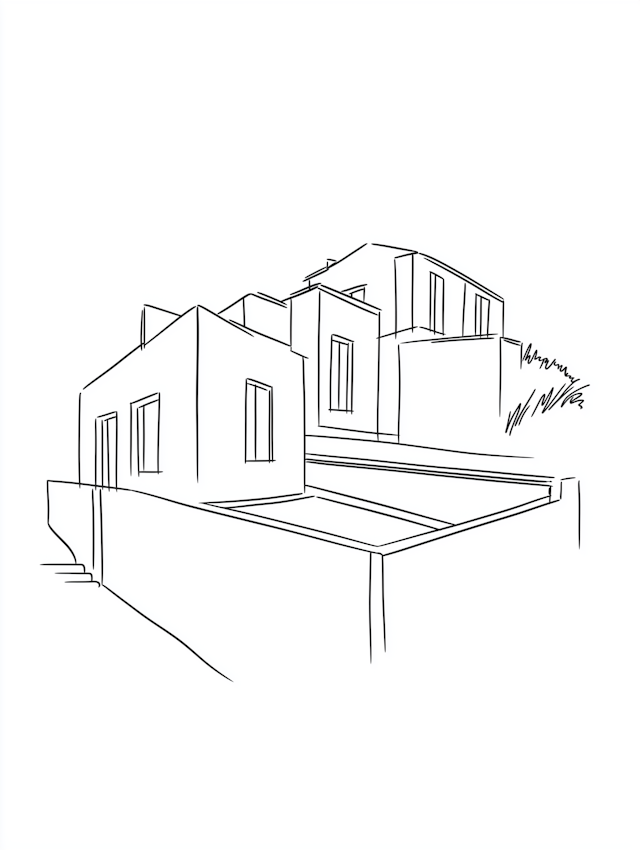 Modern Multi-Level Building Line Drawing