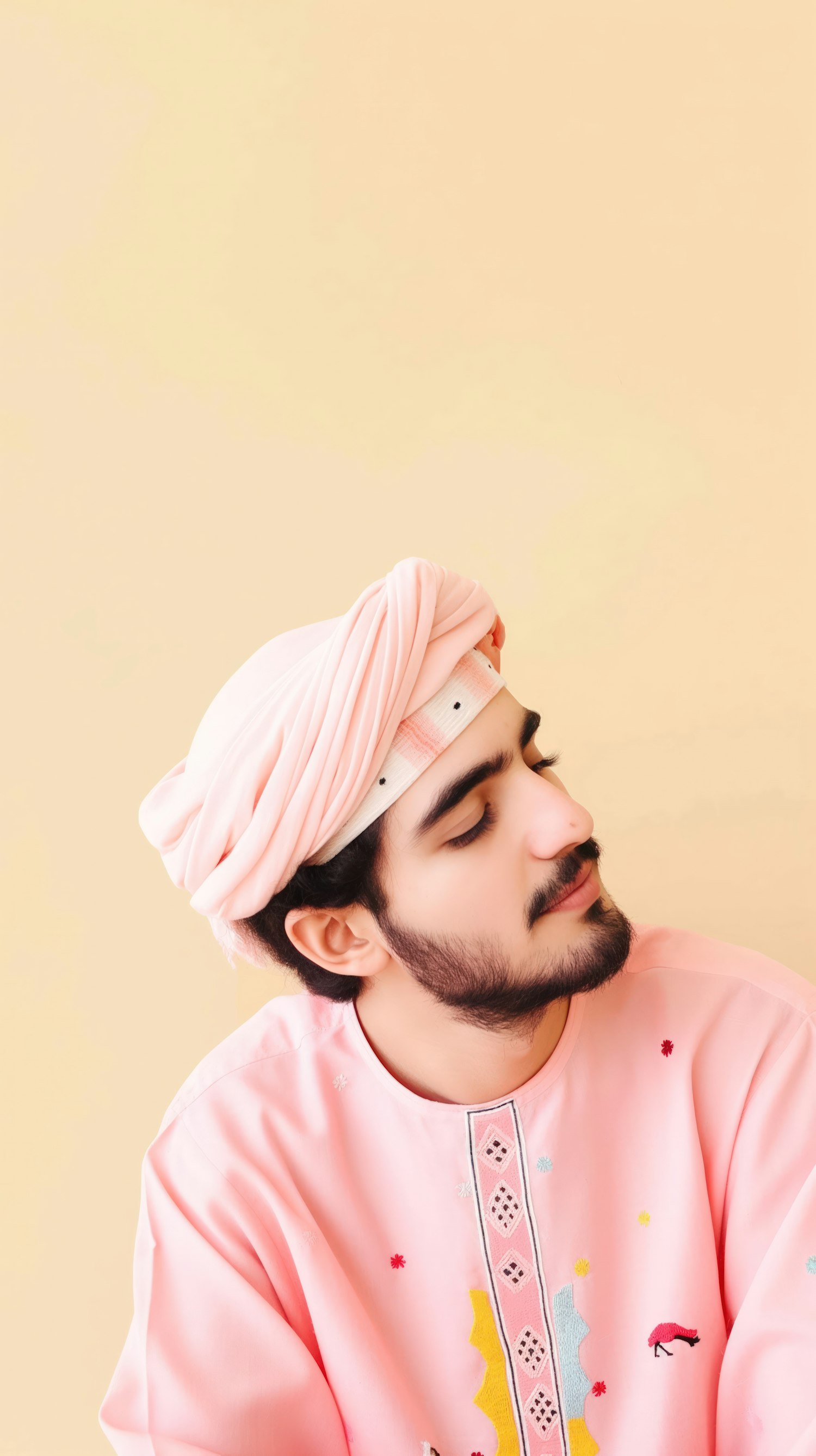 Serene Young Man in Traditional Pink Attire