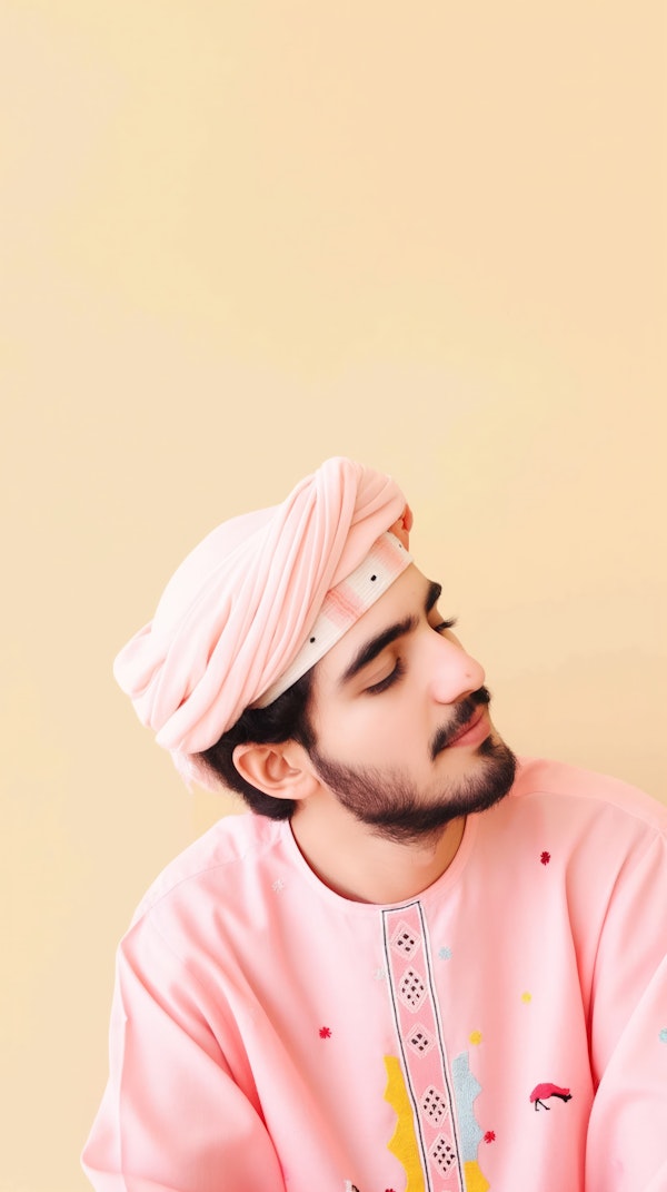 Serene Young Man in Traditional Pink Attire