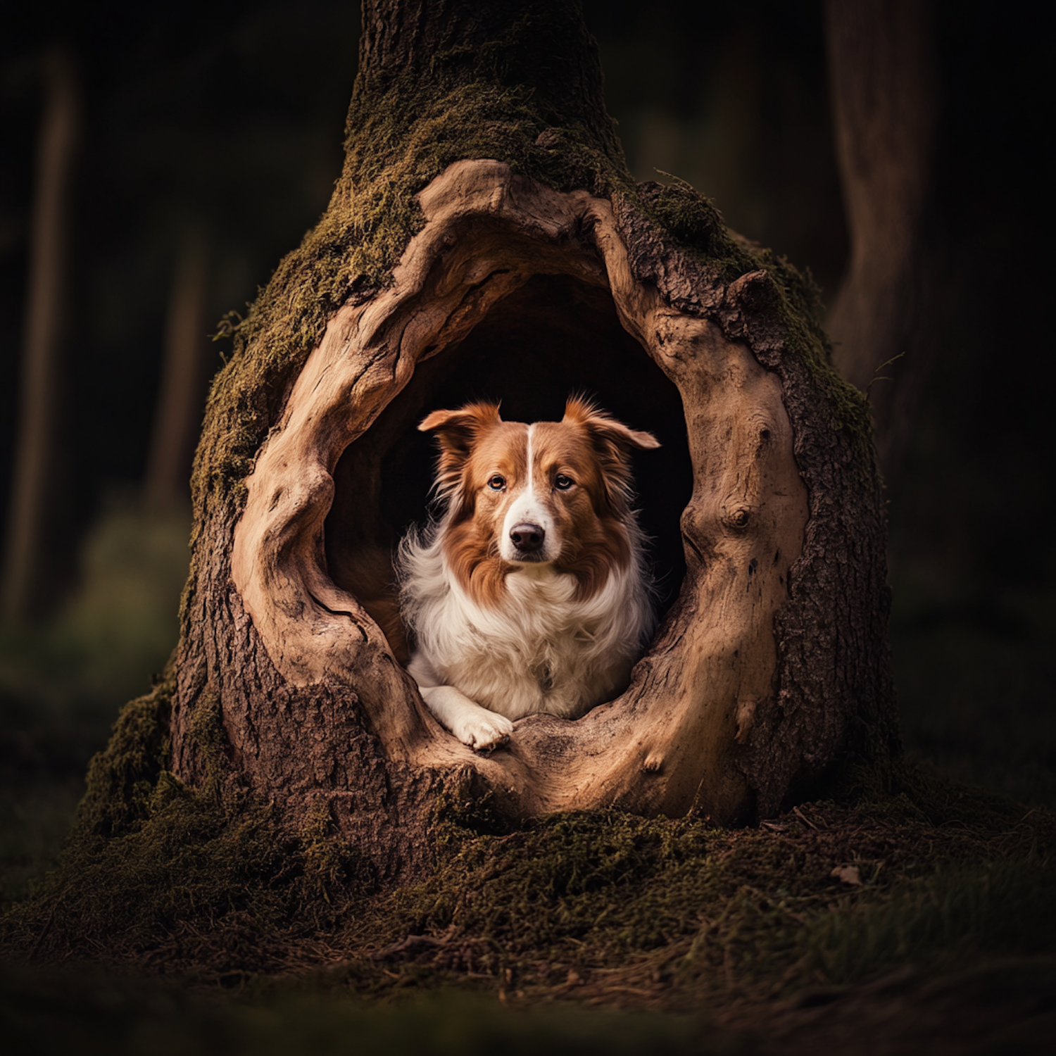 Dog in Tree Trunk