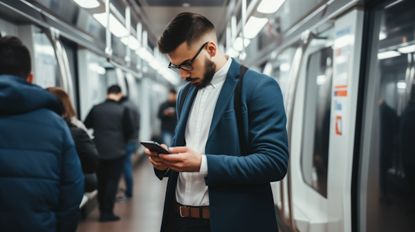 Stylish Commuter Engrossed in Smartphone