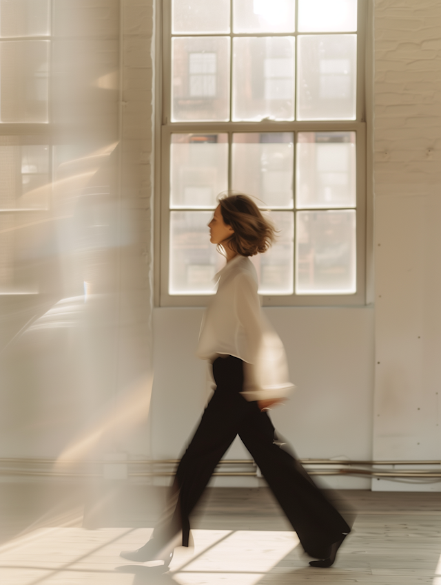 Woman Walking in Sunlit Room