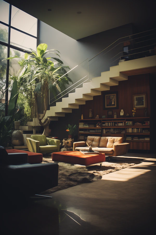 Modern Serenity: A Tranquil, Sunlit Living Space with a Floating Staircase and Earthy Tones
