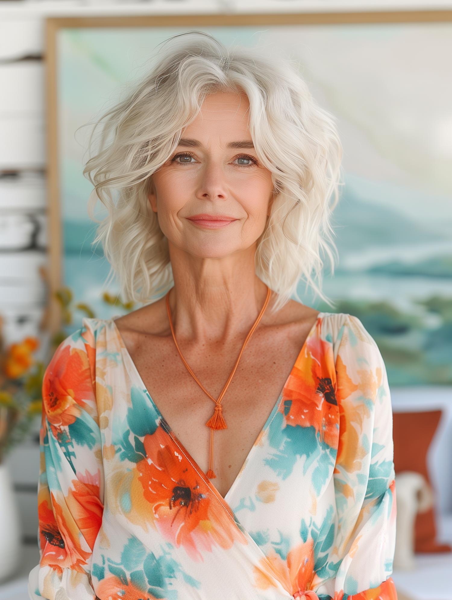 Serene Woman with Floral Blouse