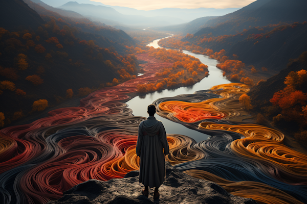 Contemplative Figure Overlooking a Surreal Autumnal Riverscape