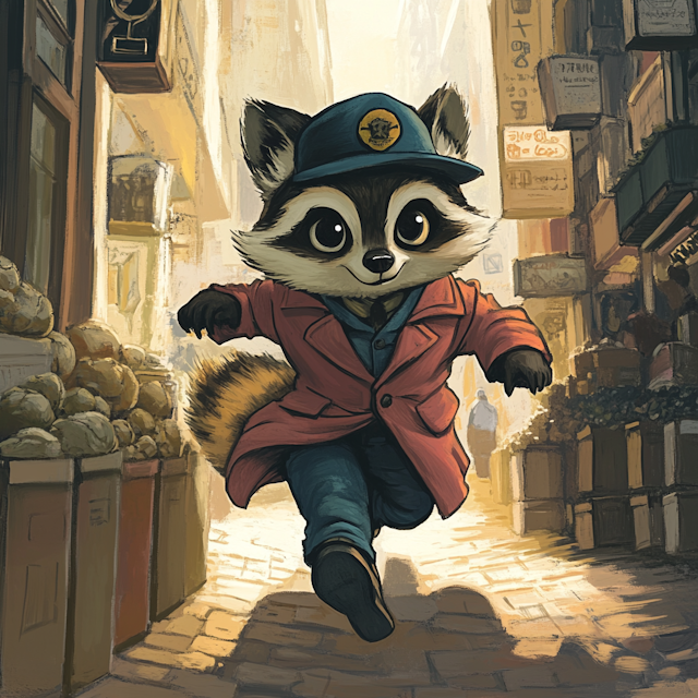 Energetic Raccoon in Urban Street