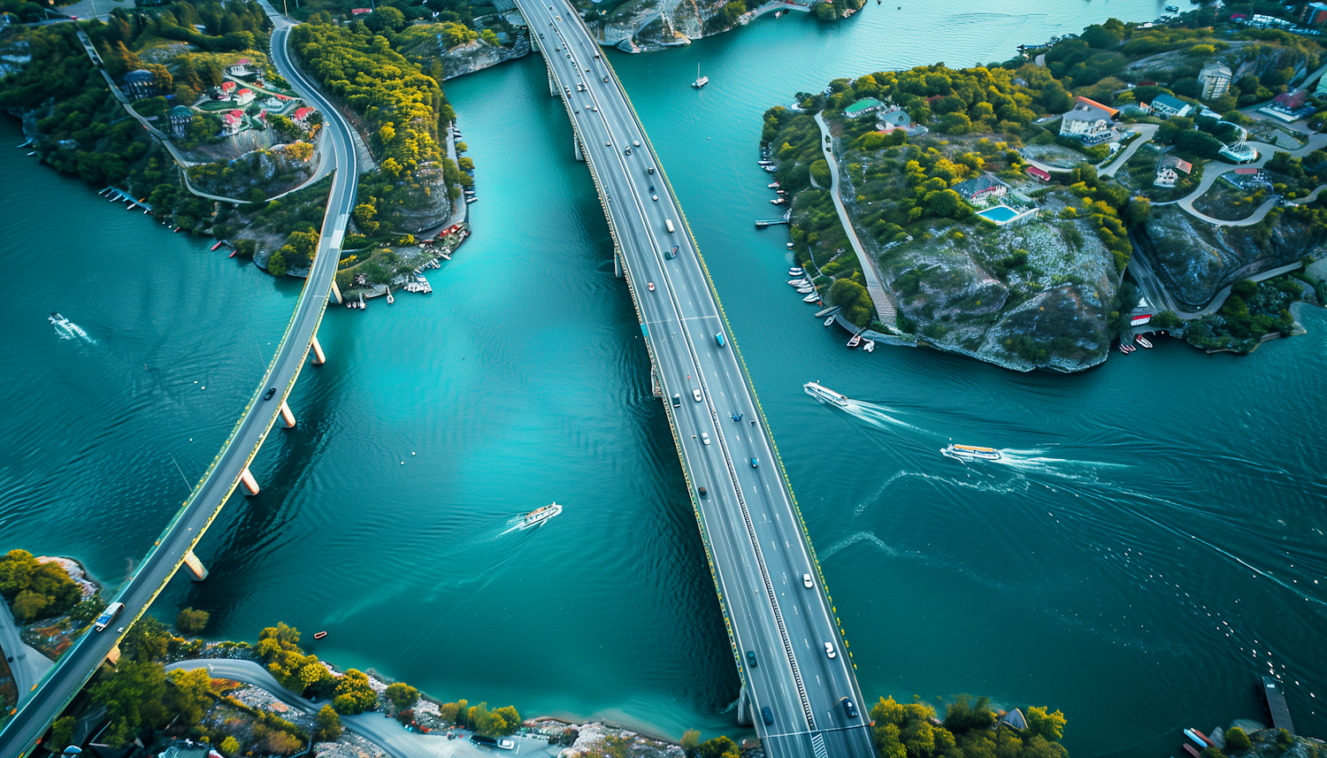 Aerial View of Busy Bridge over Turquoise River