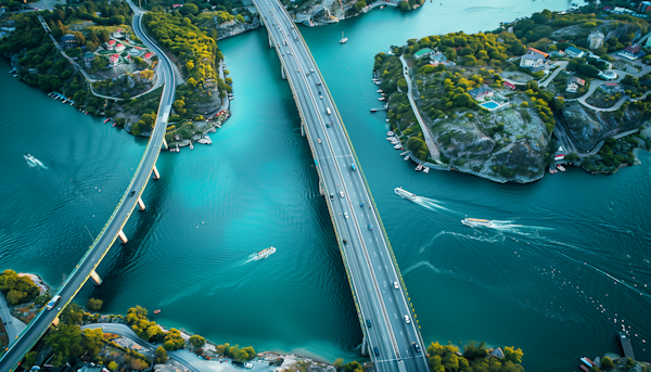 Aerial View of Busy Bridge over Turquoise River