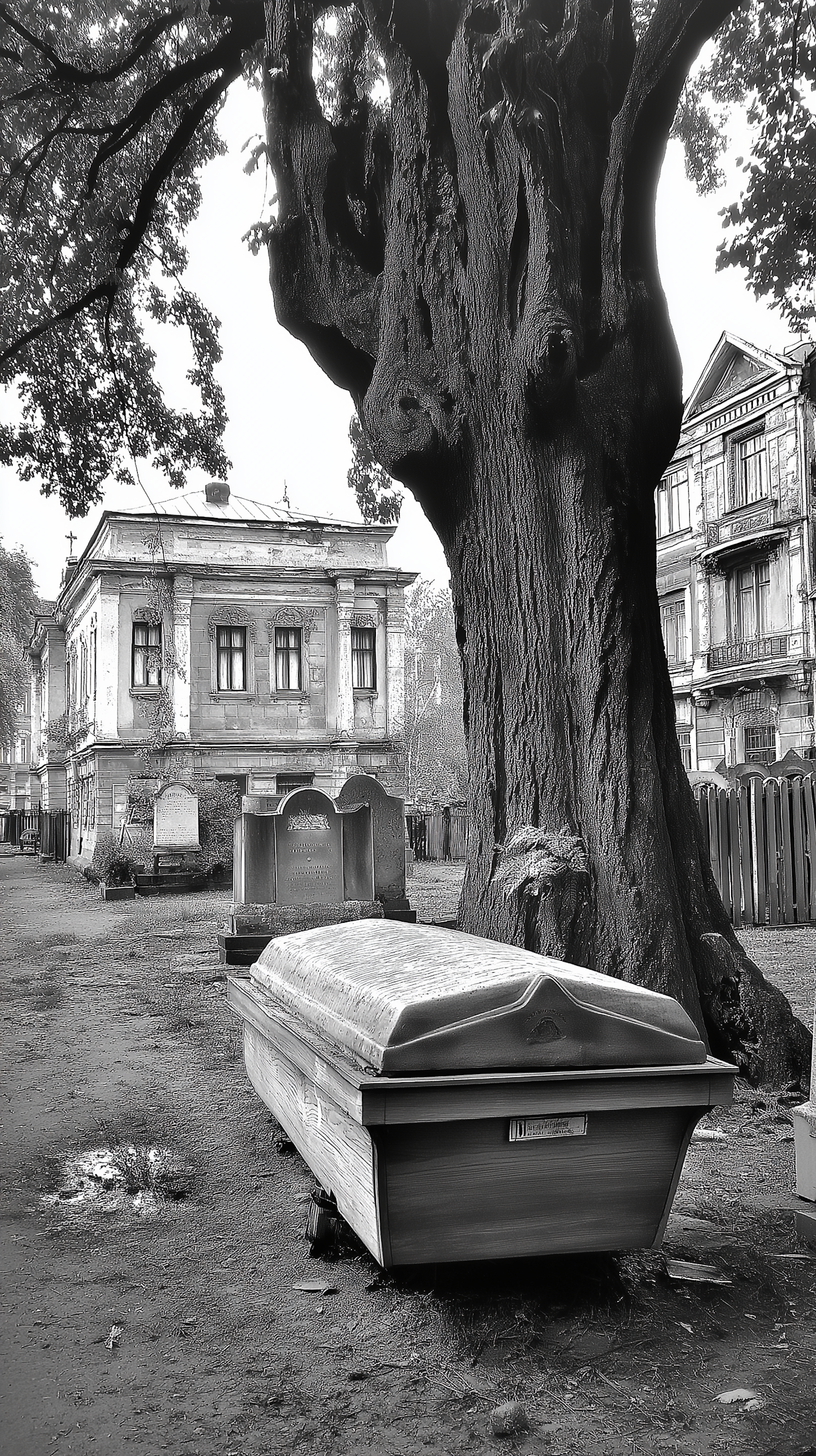 Somber Scene with Ancient Tree and Coffin