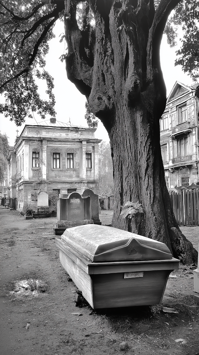 Somber Scene with Ancient Tree and Coffin