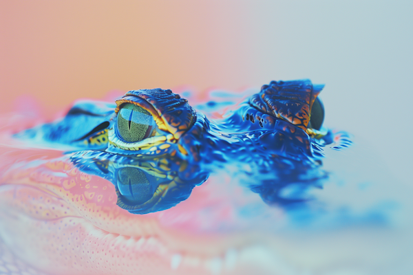 Mechanical-Eyed Reptile in Vivid Waterscape