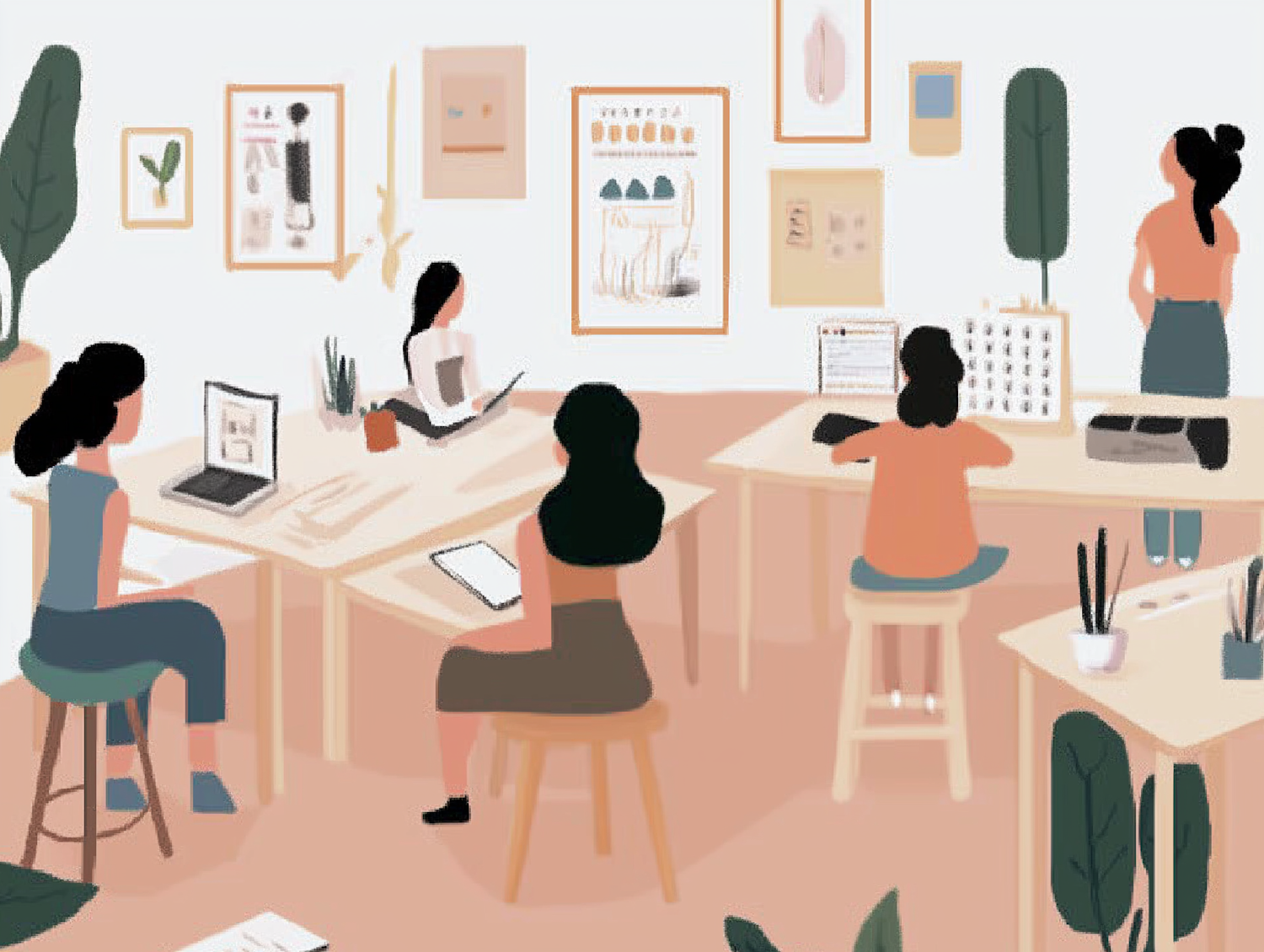 Creative Women at Shared Workspace Illustration