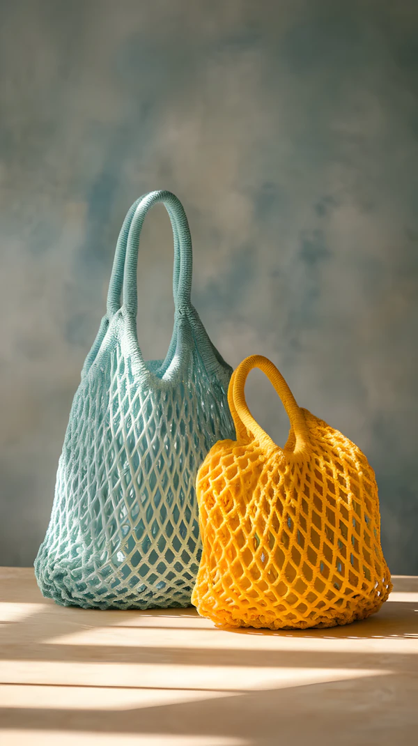 Mesh Bags on Wooden Surface