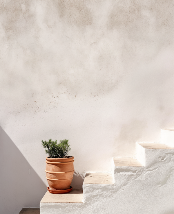 Tranquil Terracotta Pot on Sunlit Staircase