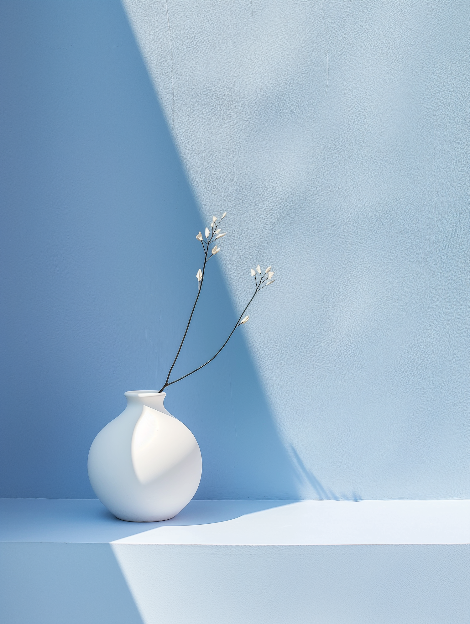 Serene Blue Still Life with White Vase and Flowers