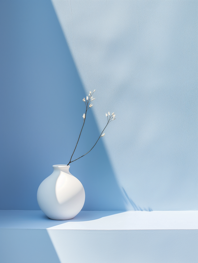 Serene Blue Still Life with White Vase and Flowers